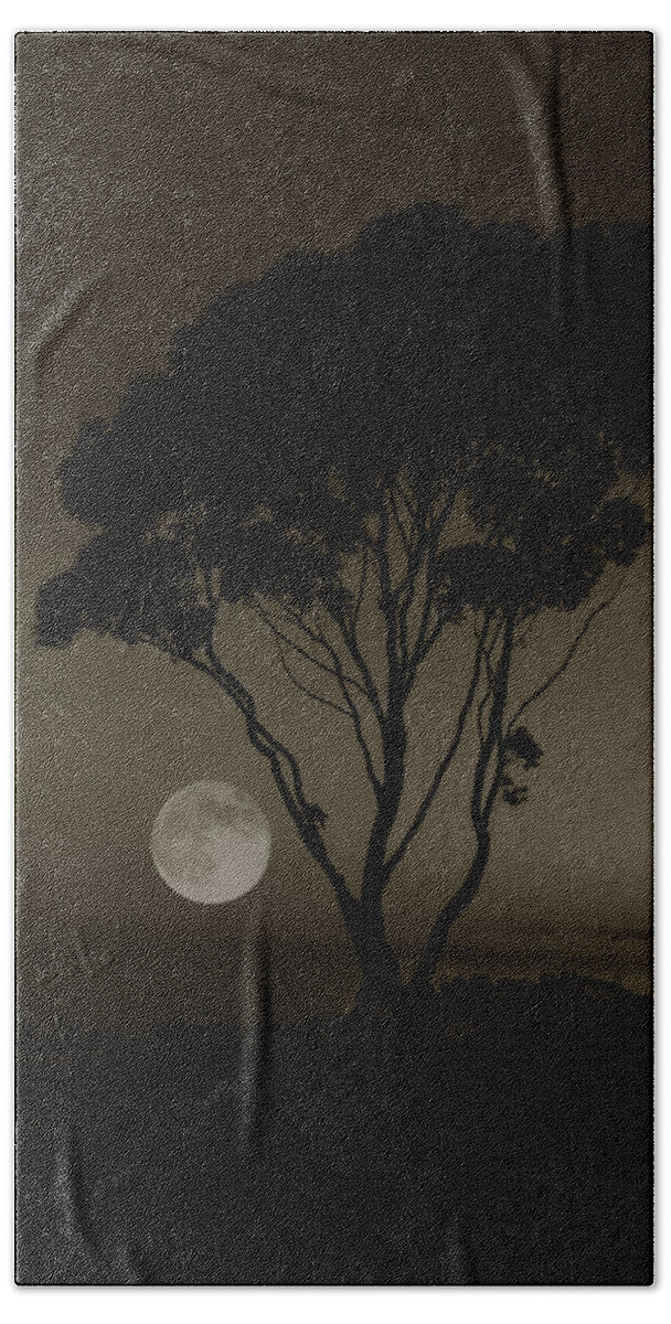 Moon Beach Towel featuring the mixed media Supermoon at Tree by Joseph Hollingsworth