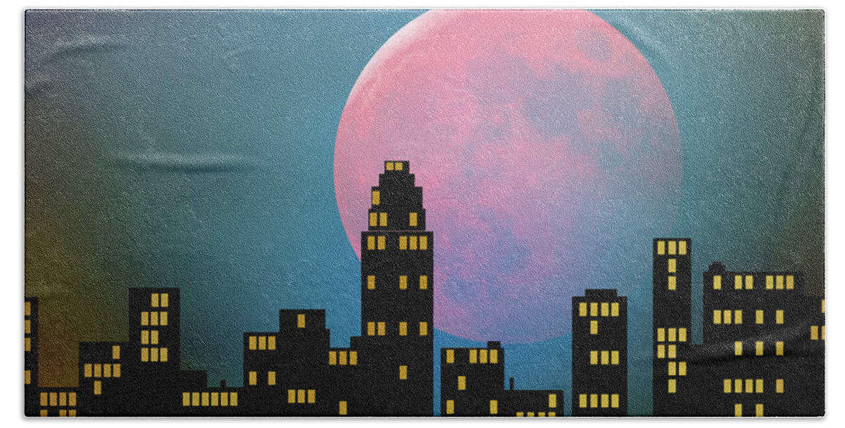 Abstract Beach Towel featuring the digital art Supermoon over the City by Klara Acel
