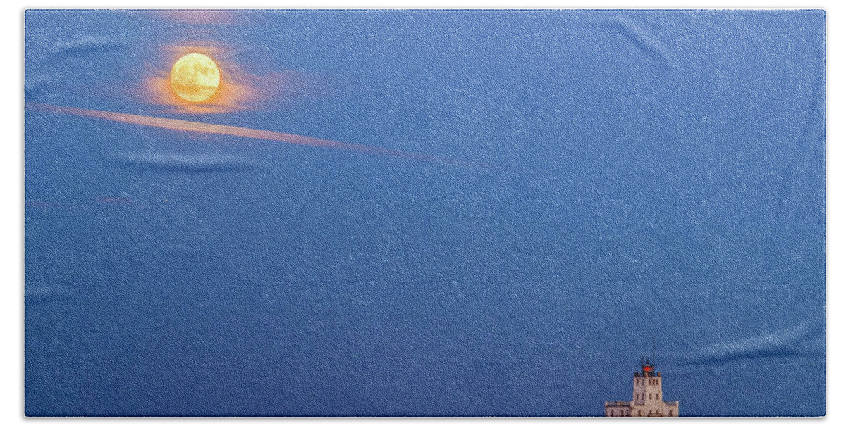 Lake Michigan Beach Towel featuring the photograph Supermoon over the white lighthouse by Kristine Hinrichs