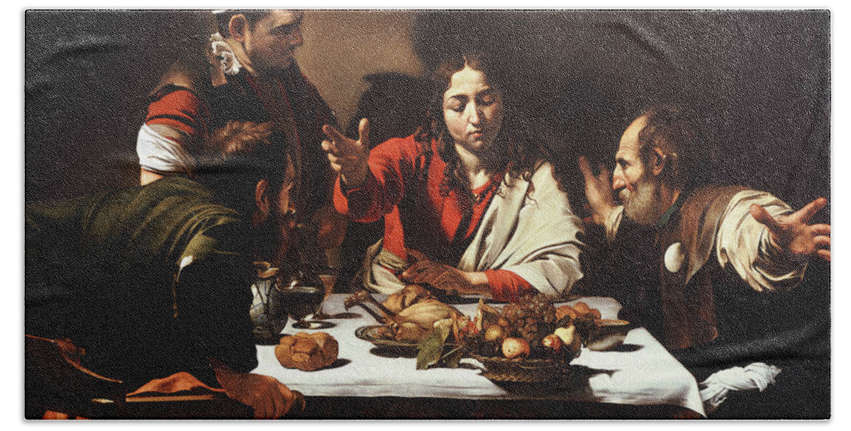 Caravaggio Beach Towel featuring the painting Supper at Emmaus by Caravaggio