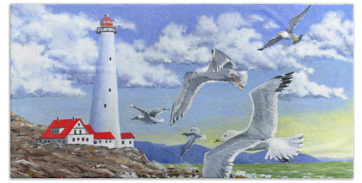 Lighthouse Beach Sheet featuring the painting Surf And Turf by Richard De Wolfe