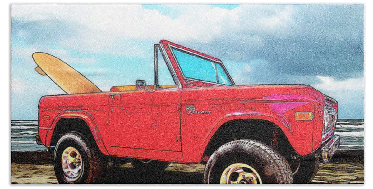 1972 Beach Sheet featuring the digital art Surf Bronco Beyond the 4 Wheel Drive Only Sign Padre Island by Chas Sinklier