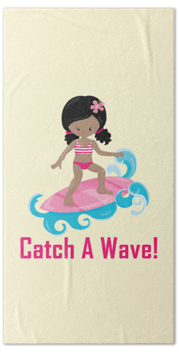 Surfer Art Beach Sheet featuring the digital art Surfer Art Catch A Wave Girl With Surfboard #20 by KayeCee Spain