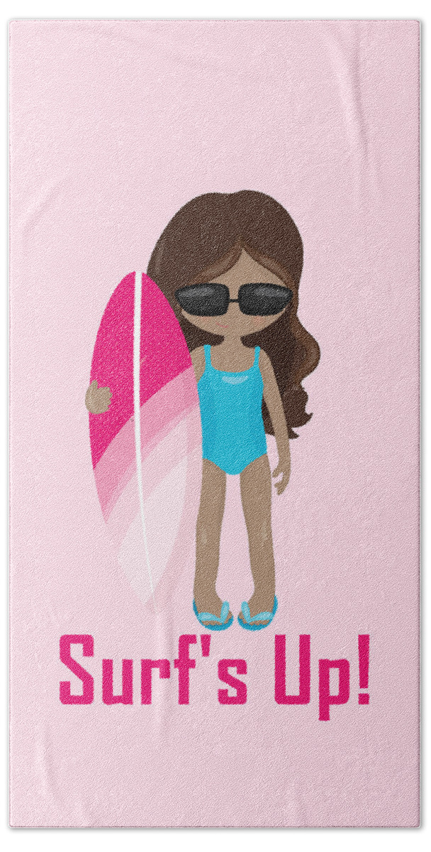 Surfer Art Beach Sheet featuring the digital art Surfer Art Surf's Up Girl with Surfboard #16 by KayeCee Spain