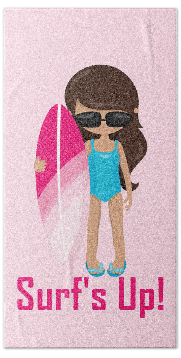 Surfer Art Beach Sheet featuring the digital art Surfer Art Surf's Up Girl With Surfboard #18 by KayeCee Spain