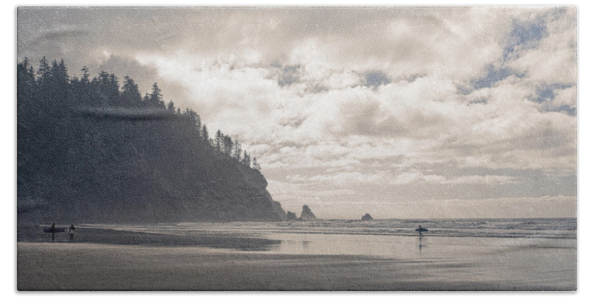Oregon Beach Towel featuring the photograph Surfers on a Misty Beach by Diana Powell