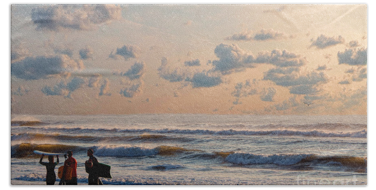 Surfing Beach Towel featuring the photograph Surfing At Sunrise On The Jersey Shore by Jeff Breiman