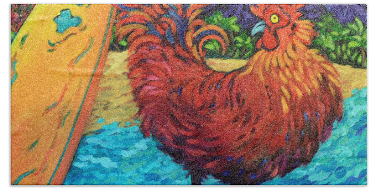 Rooster Beach Towel featuring the painting Surfing Rooster by Cathy Carey