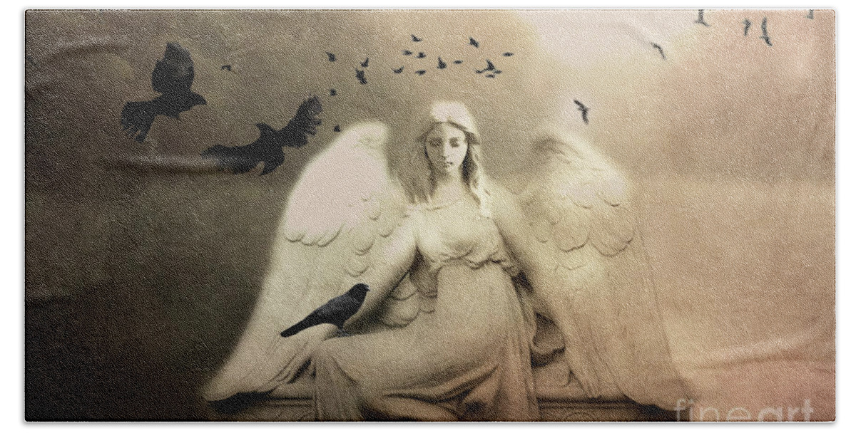 Angel Beach Towel featuring the photograph Surreal Gothic Cemetery Angel With Flying Ravens - Ethereal Surreal Gothic Angel Art by Kathy Fornal