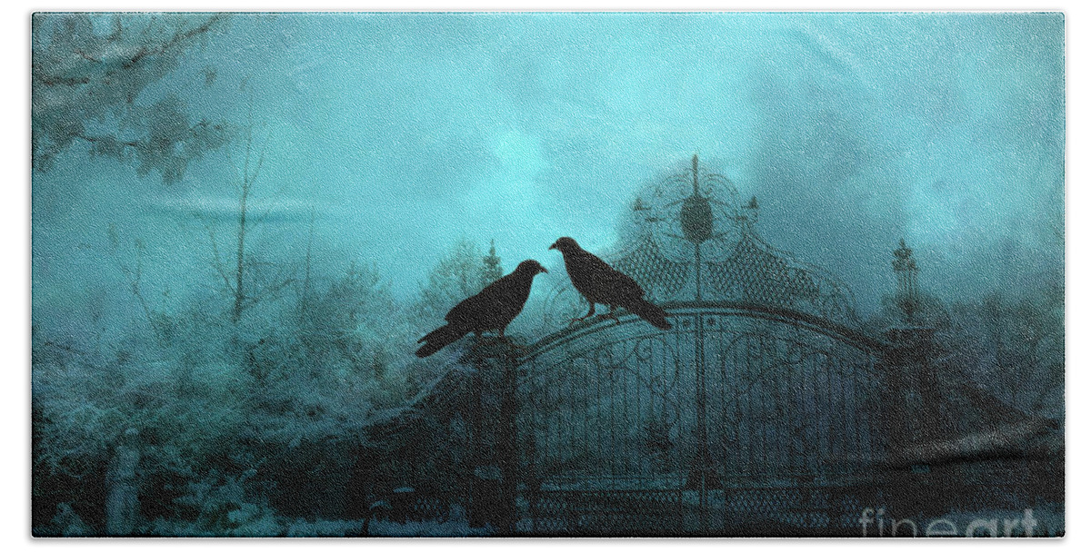 Ravens Beach Towel featuring the photograph Surreal Gothic Ravens Fantasy Art Gate Scene by Kathy Fornal