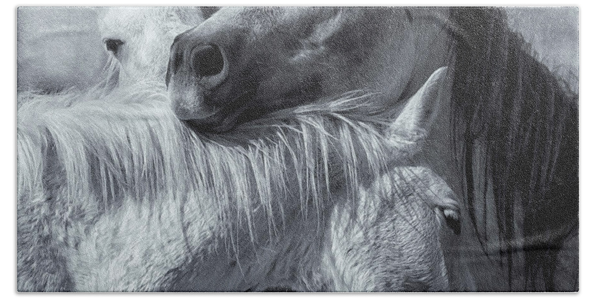 Wild Horses Beach Towel featuring the photograph Surrounded by Love BW by Belinda Greb