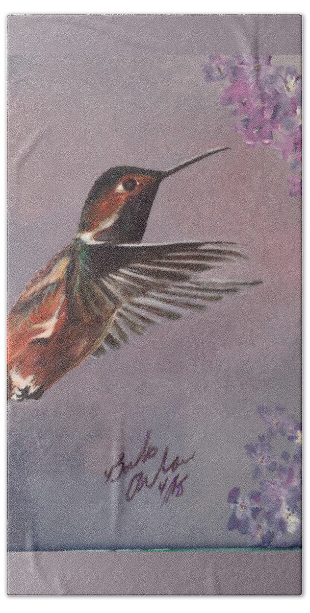 Hummingbird Beach Towel featuring the painting Susie The hummingbird by Barbara Andrews