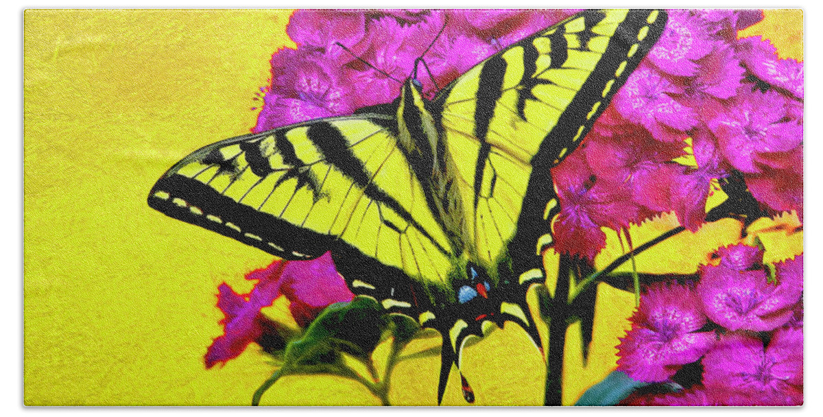 Butterfly Mixed Media. Mixed Media Photo Art. Yellow Swallow Tail Butterfly. Flowers. Lakes. Moths. Caterpillars. Lavera. Feeding. Flying. Garden. Roses. Yellow Flowers. Pink Flowers. Blue Flowers. Birds. Goose. Ducks. Colorado. Colorado Butterflies. Noite Cards. Greeting Cards. Gallery Art. Digital Camera. Digital Photo Art.  Beach Towel featuring the digital art Swallow Tail Feeding by James Steele