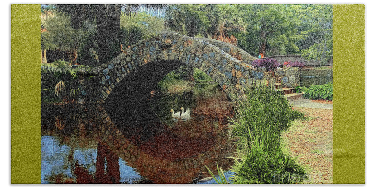 Stone Bridges Beach Towel featuring the painting Geese Under The Bridge 2 by CHAZ Daugherty