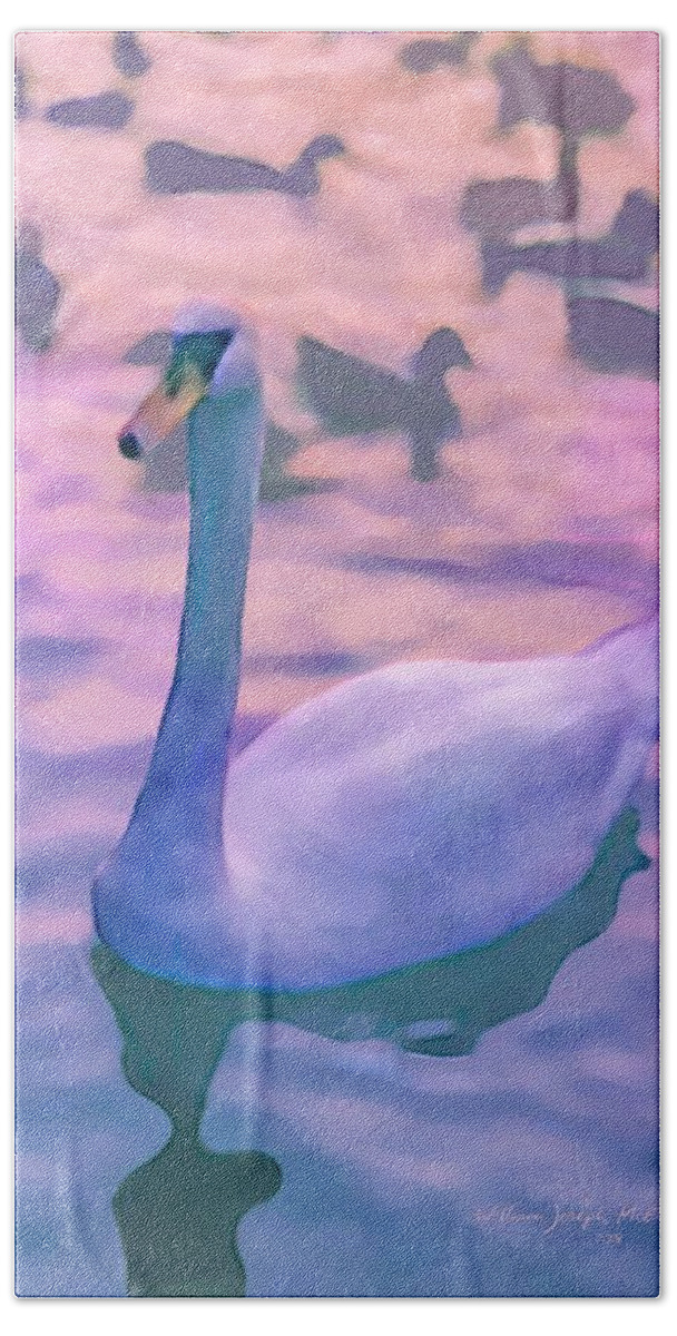 Swan Beach Sheet featuring the painting Swan at Twilight by Bill McEntee