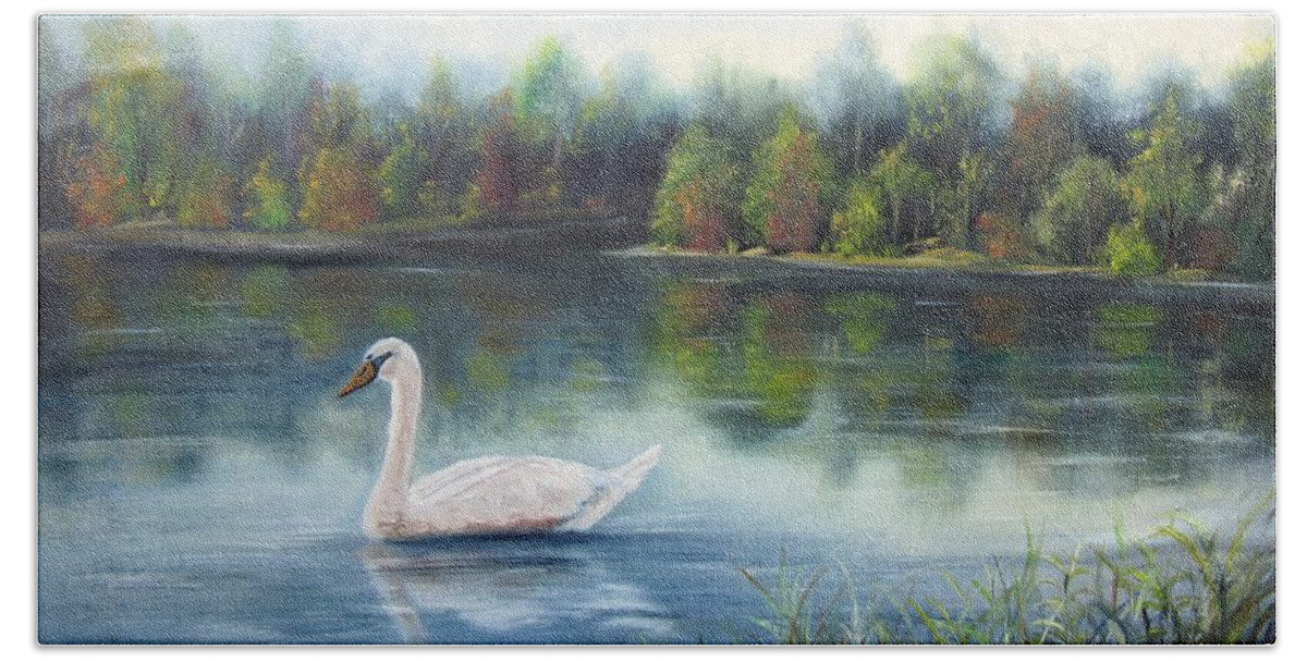 Landscape Beach Towel featuring the painting Swan Lake by Vesna Martinjak