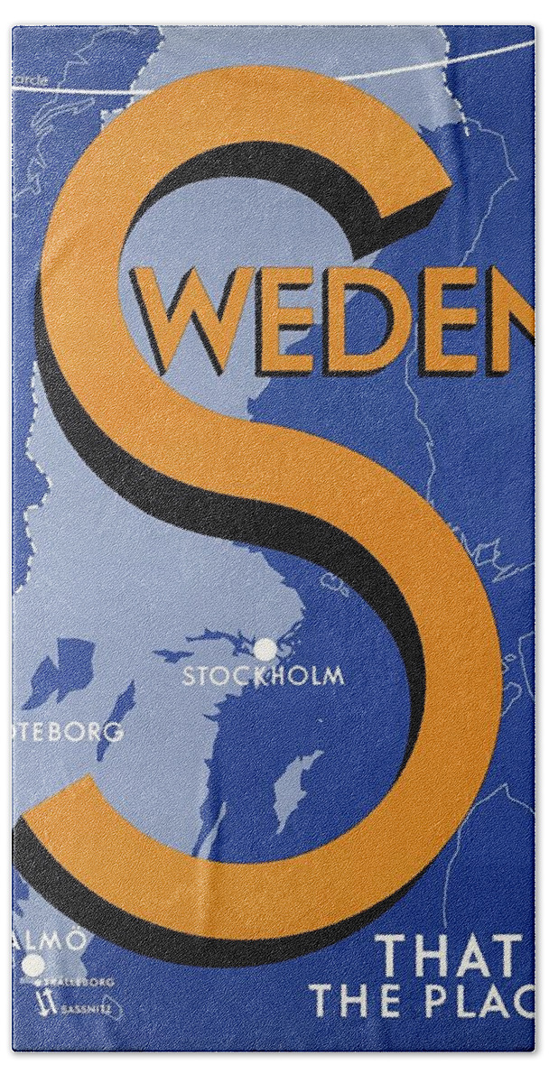 Sweden Beach Towel featuring the mixed media Sweden - That's The Place - Retro travel Poster - Vintage Poster by Studio Grafiikka