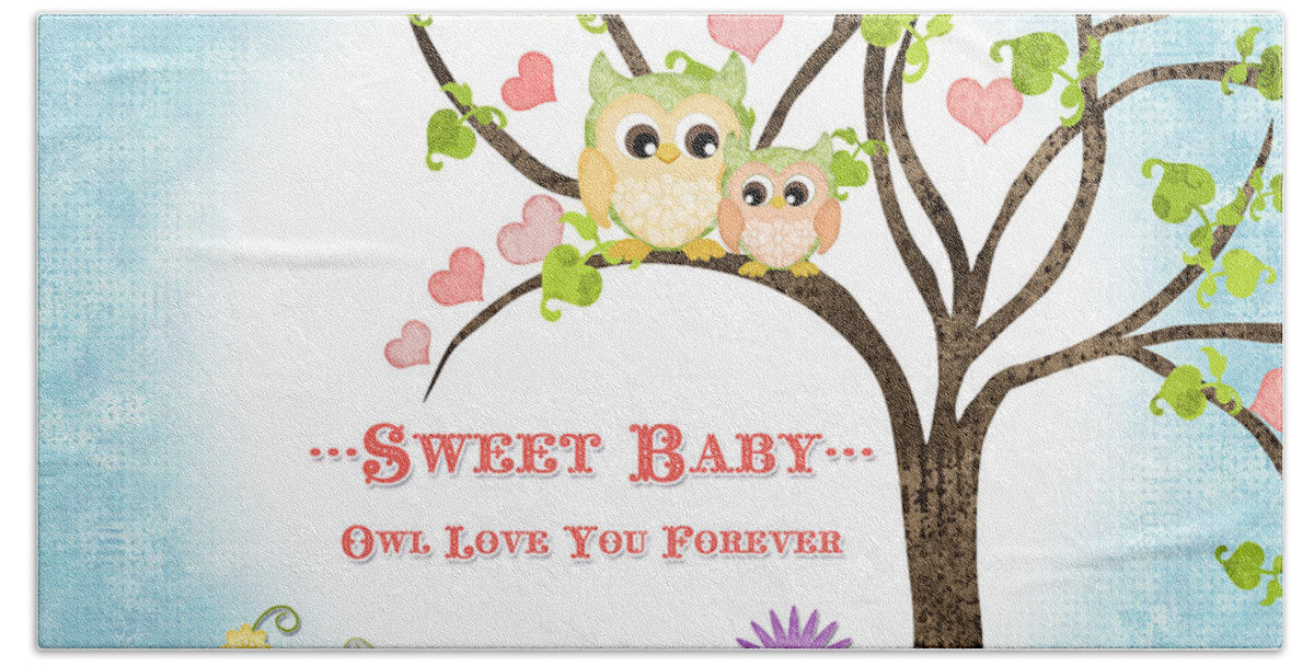 Owl Beach Towel featuring the painting Sweet Baby - Owl Love You Forever Nursery by Audrey Jeanne Roberts