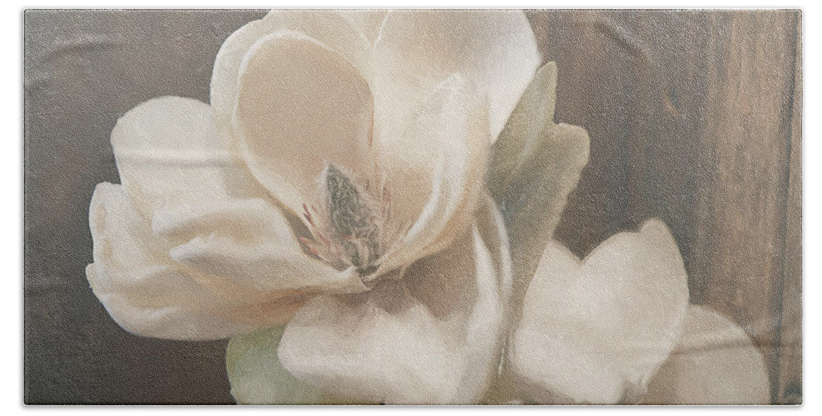 Sweet Magnolia Blossom By Tl Wilson Photography Is A Digital Painting Made From An Original Photograph Of A Magnolia Blossom Against A Rustic Background. Beach Towel featuring the mixed media Sweet Magnolia Blossom by Teresa Wilson