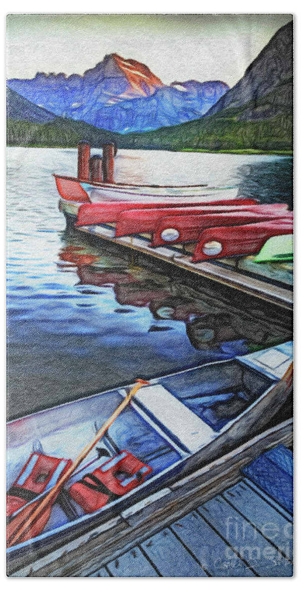 Landscape Beach Sheet featuring the photograph Swiftcurrent Lake and Canoes_Pastel Version by Craig J Satterlee