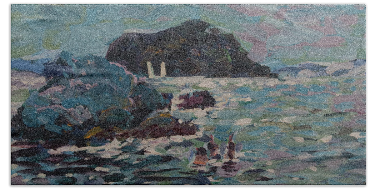Aegean Sea Beach Towel featuring the painting Swimming in Aegean Sea by Peregrine Roskilly