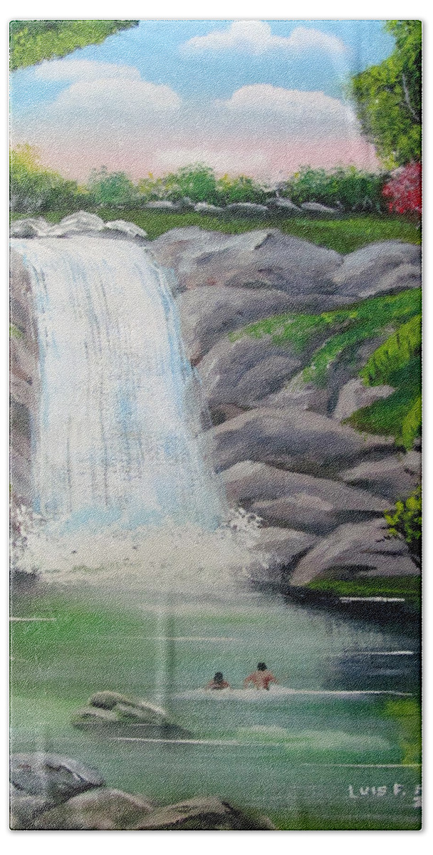 Waterfall Beach Towel featuring the painting Swimming In Paradise by Luis F Rodriguez