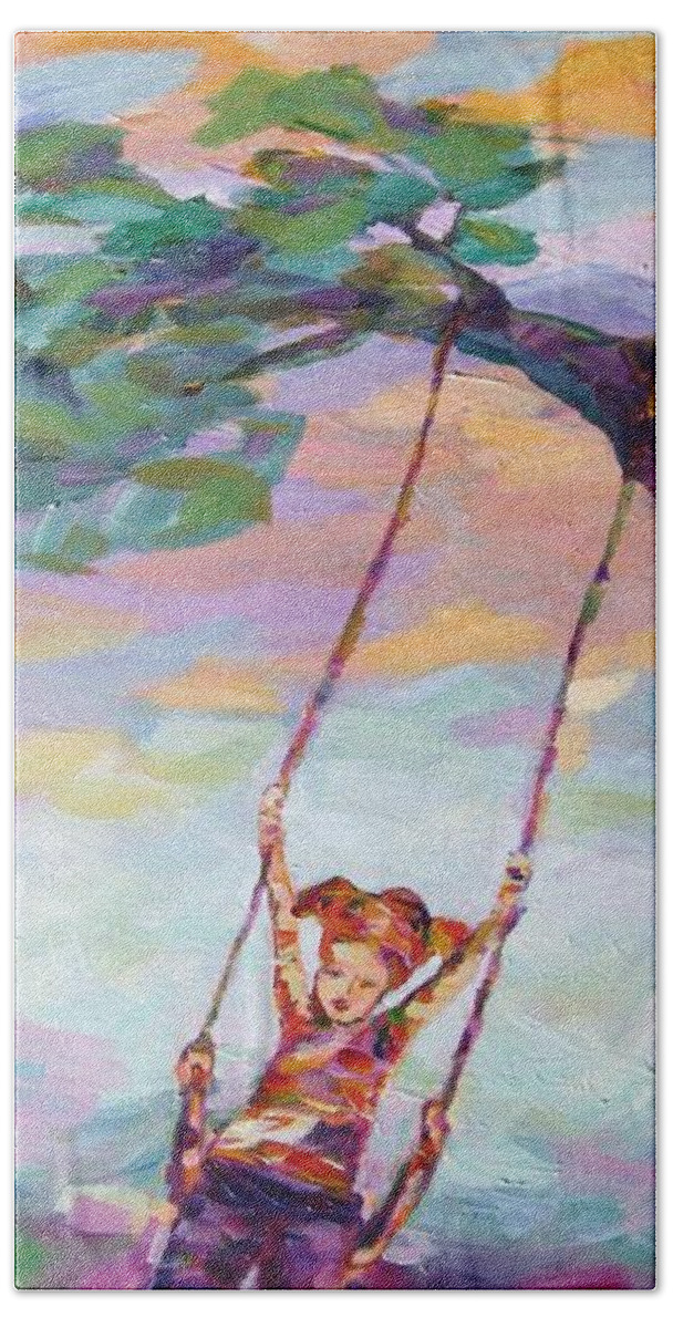 Child Swinging Beach Towel featuring the painting Swinging With Sunset Energy by Naomi Gerrard