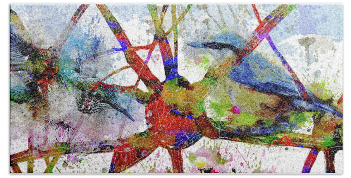 Synapses Beach Towel featuring the mixed media Synapses with Birds and Flowers by Ann Leech