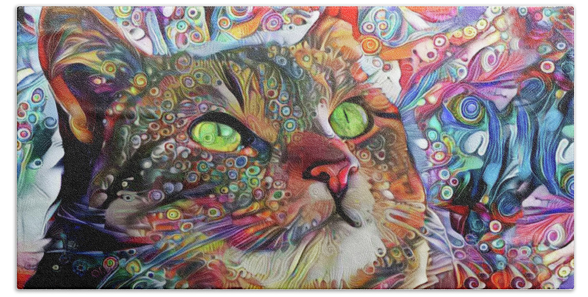 Psychedelic Cat Beach Towel featuring the digital art Tabby Cat Color Blast by Peggy Collins