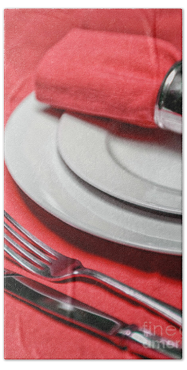 Bar Beach Towel featuring the photograph Table setting in red by Patricia Hofmeester