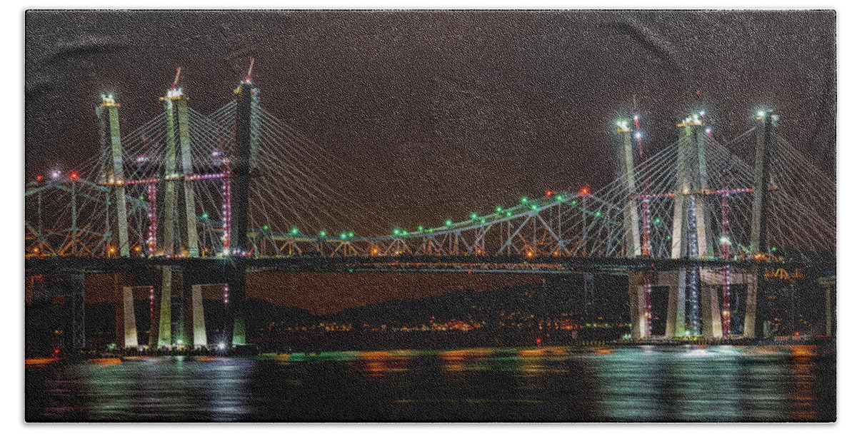 Jeffrey Friedkin Photography Beach Towel featuring the photograph Tale of 2 Bridges at Night by Jeffrey Friedkin