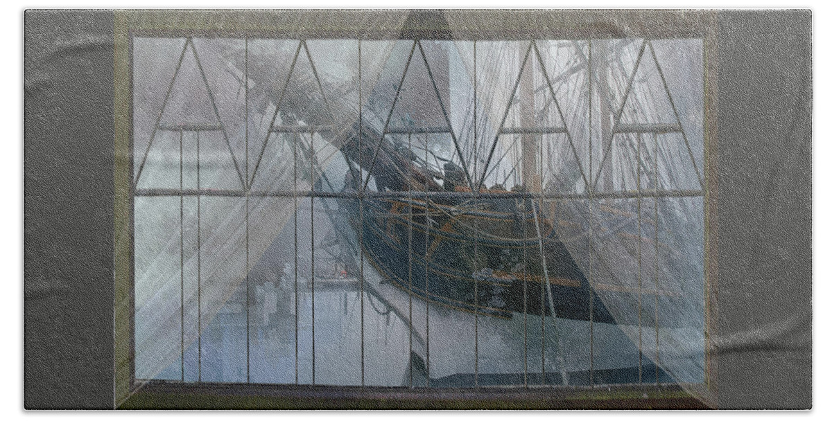 Tall Ship Beach Towel featuring the digital art Tall ship through a window by Jeff Burgess