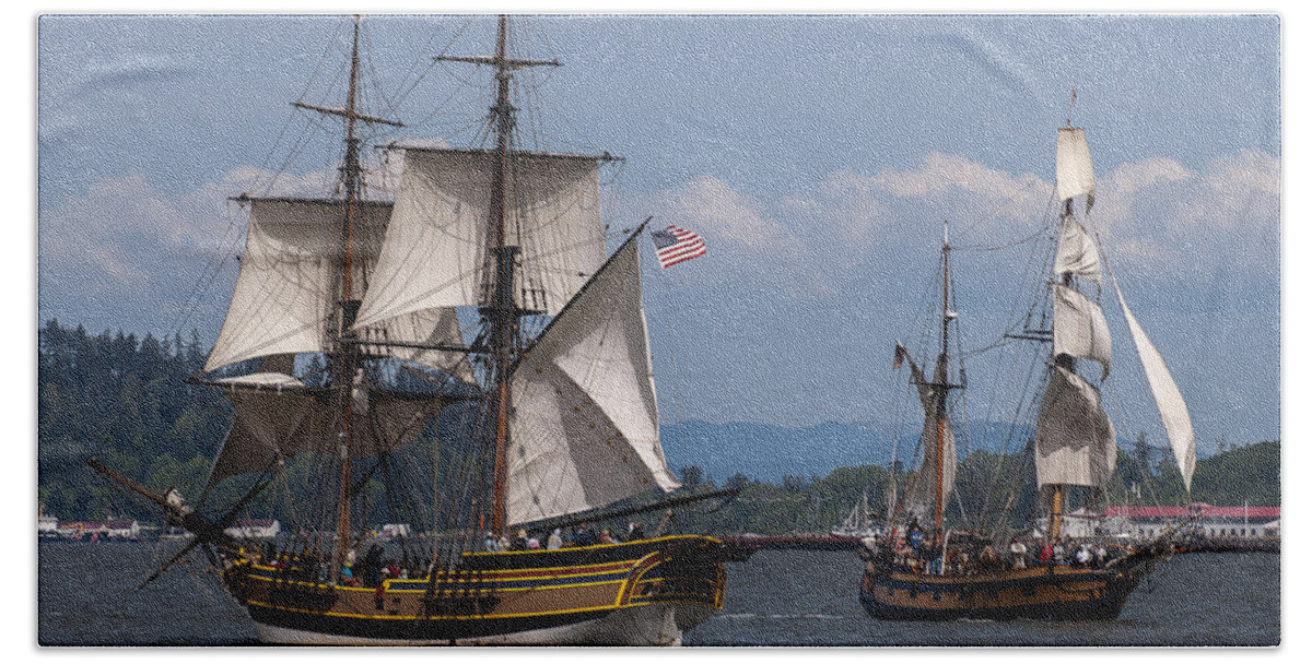 Astoria Beach Sheet featuring the photograph Tall Ships Square Off by Robert Potts