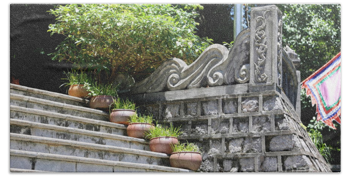  Vietnam Beach Towel featuring the photograph Tam Coc stairs to Temple by Chuck Kuhn