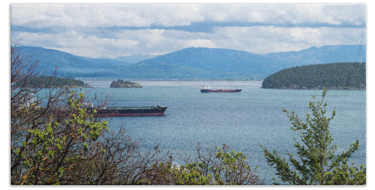 Tankers In Padilla Bay Beach Towel featuring the photograph Tankers In Padilla Bay by Tom Cochran