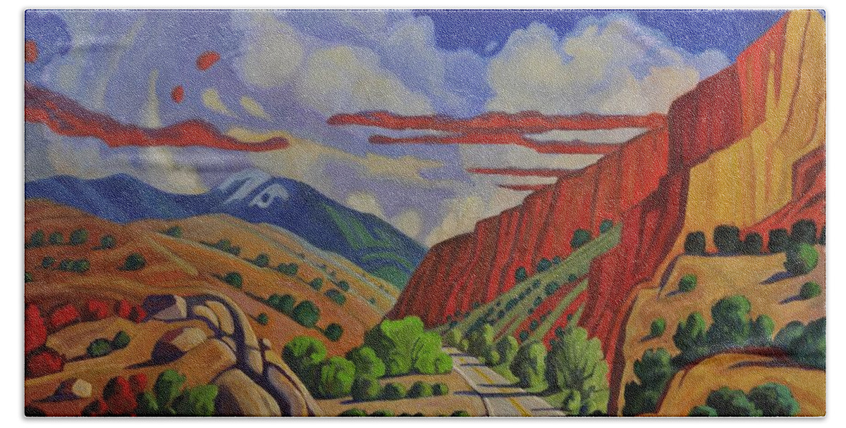 Taos Beach Towel featuring the painting Taos Gorge Journey by Art West