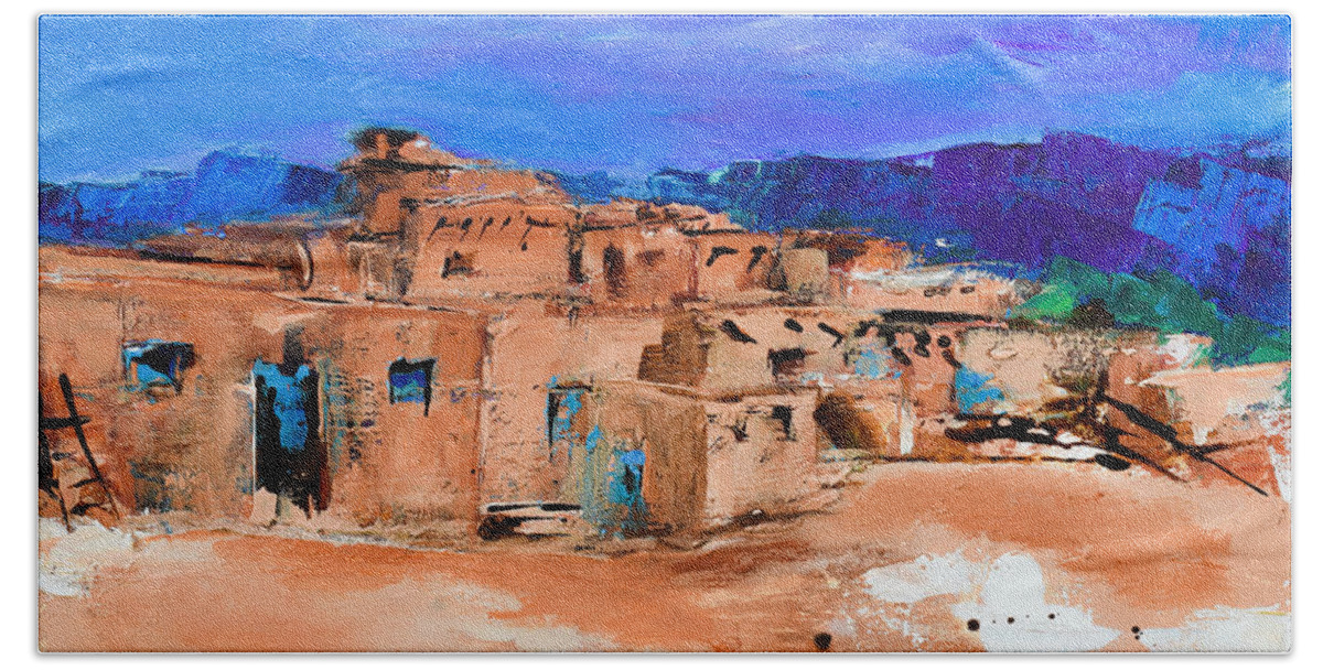 Taos Beach Towel featuring the painting Taos Pueblo Village by Elise Palmigiani