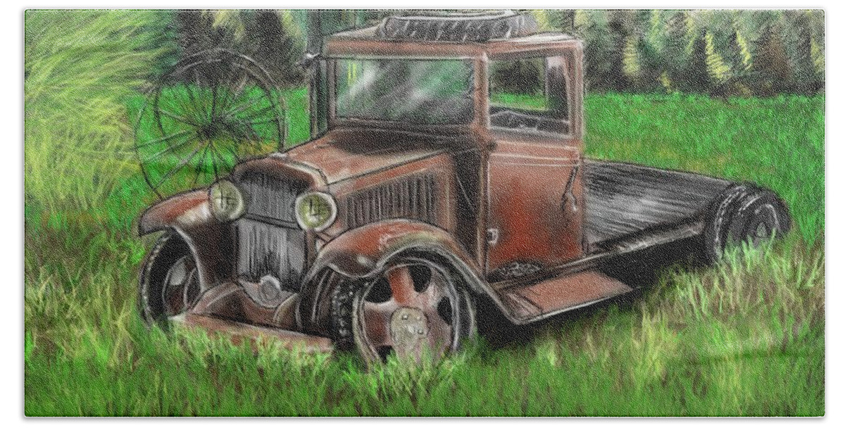 Landscape With Antique Truck Beach Towel featuring the painting Tarnished Memories by Rob Hartman