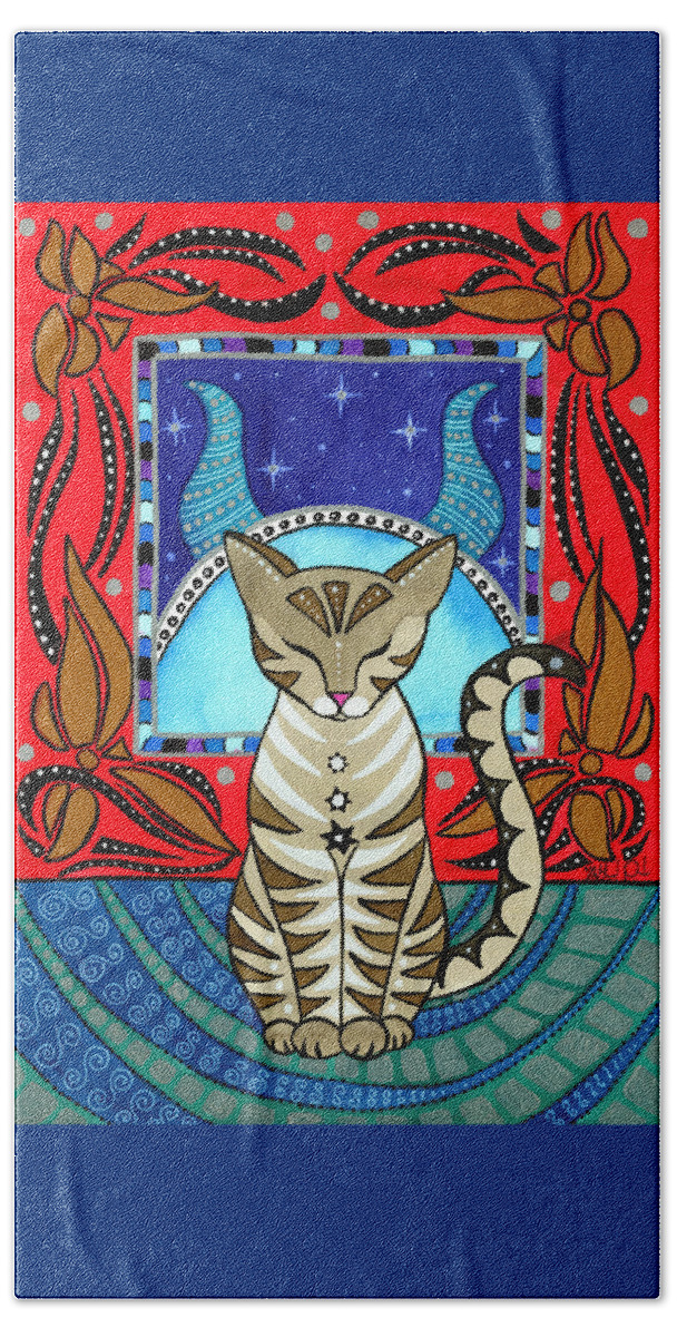 Cat Beach Towel featuring the painting Taurus Cat Zodiac by Dora Hathazi Mendes