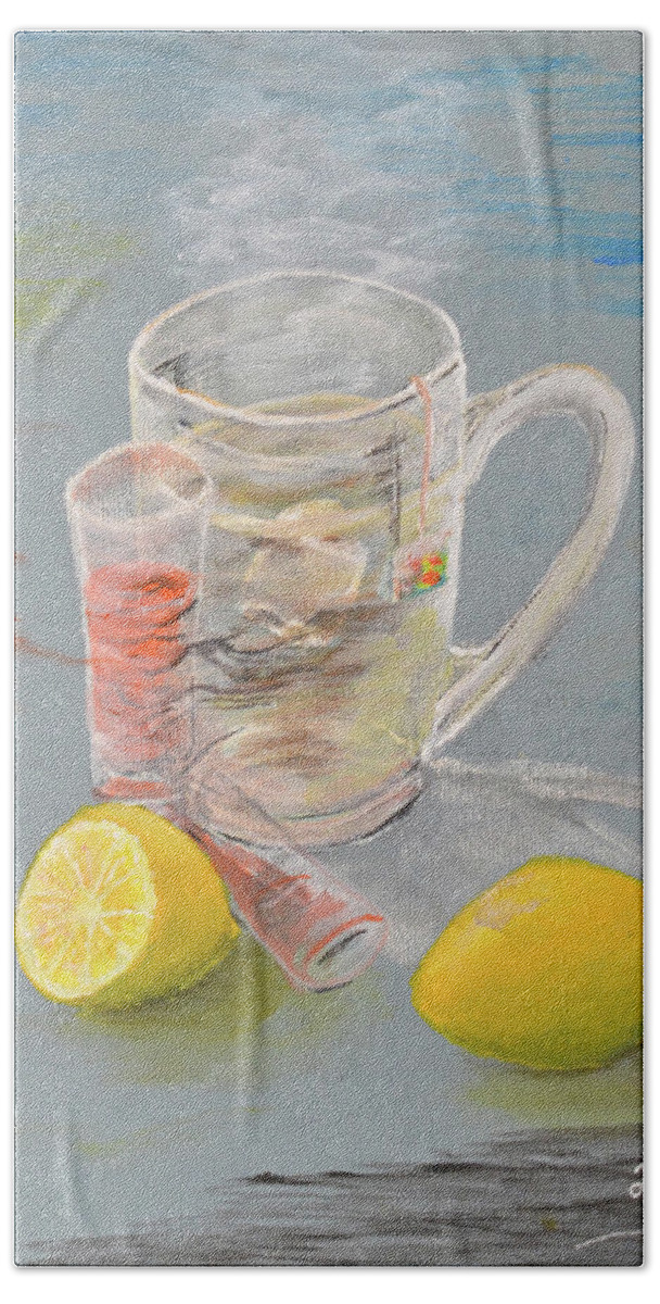 Tea Beach Towel featuring the painting Tea with Lemon by Medea Ioseliani