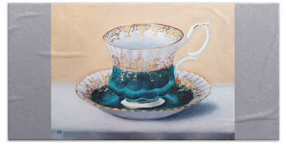 Oil Beach Towel featuring the painting Teacup by Linda Merchant