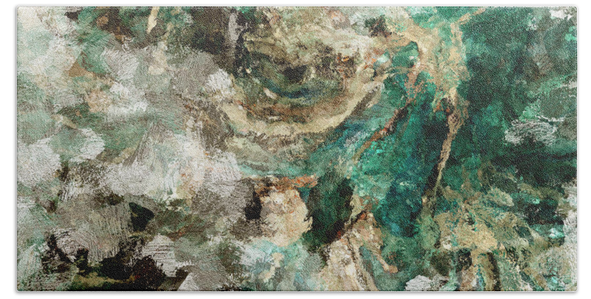 Abstract Beach Towel featuring the painting Teal and Cream Abstract Painting by Inspirowl Design