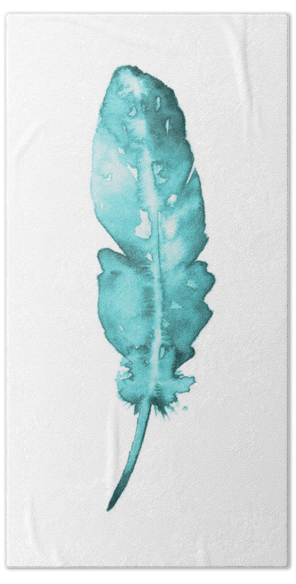 Blue Beach Towel featuring the painting Teal feather minimalist painting by Joanna Szmerdt