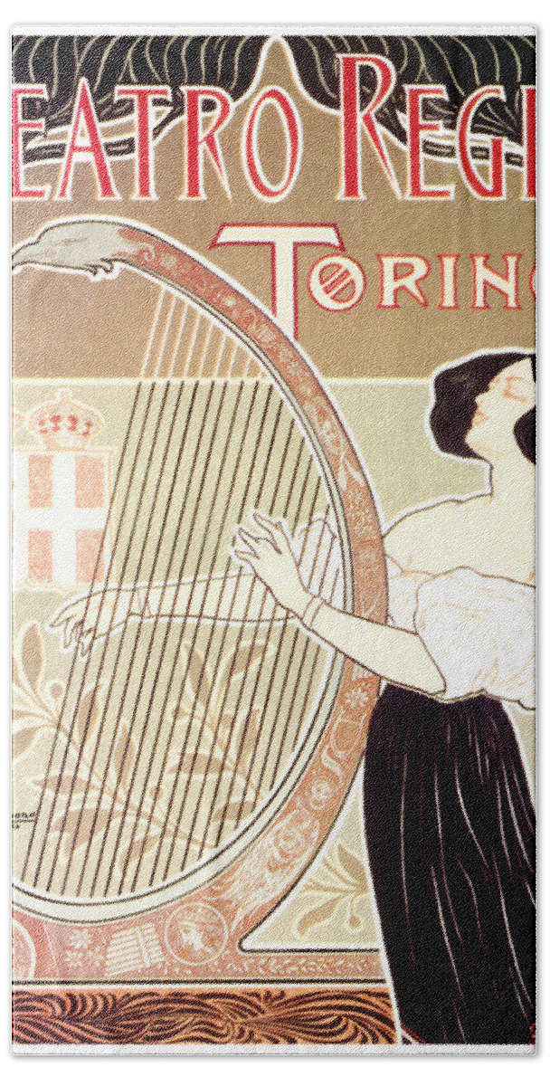 Teatro Regio Beach Towel featuring the mixed media Teatro Regio - Torino, Italy - Girl playing a harp - Vintage Art Nouveau Advertising Poster by Studio Grafiikka