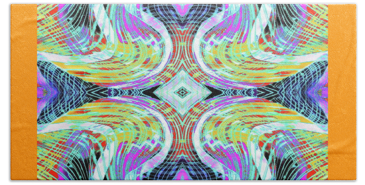 The Original Digital Artwork Reminds Me Of Peacock Feathers.a Balanced Symetrical Graphic Beach Towel featuring the digital art Tech feathers by Priscilla Batzell Expressionist Art Studio Gallery