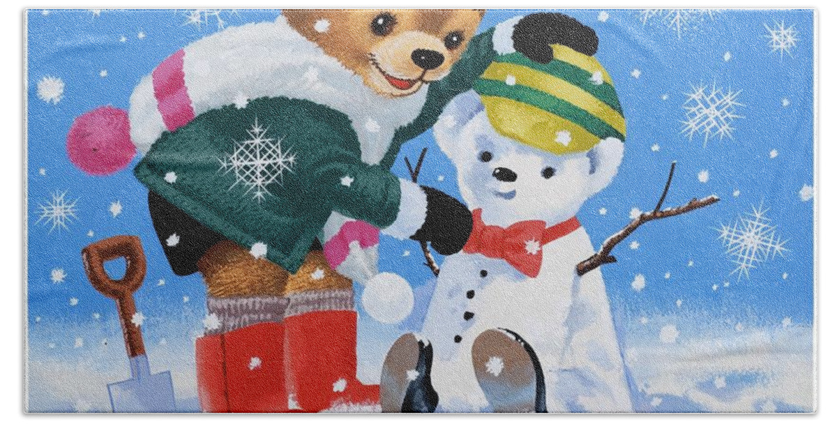 Snow Beach Towel featuring the painting Teddy Bear Building a Snowman by William Francis Phillipps