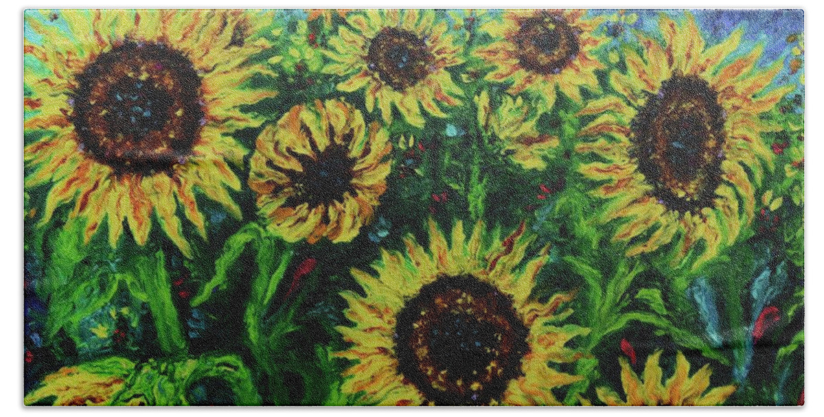 Sunflower Beach Towel featuring the painting Ten Suns by Elizabeth Cox