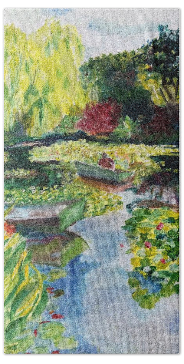 Giverney Beach Towel featuring the painting Tending the Pond by Kate Conaboy