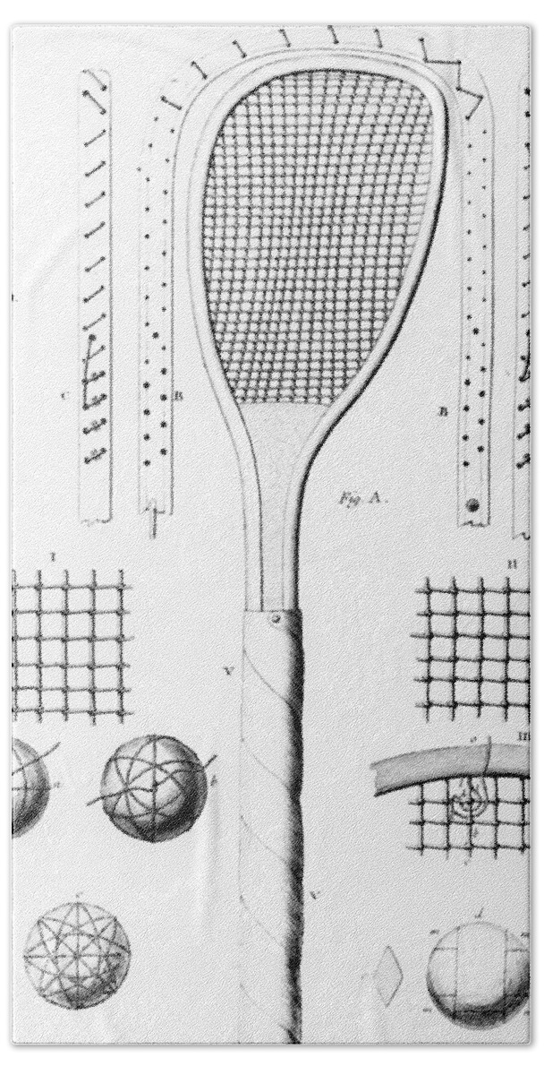 Tennis Beach Towel featuring the drawing Tennis racket and balls by French School