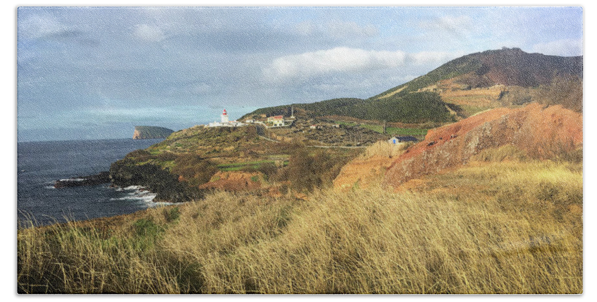 Kelly Hazel Beach Sheet featuring the photograph Terceira Island, Ilheus de Cabras and Lighthouse of Ponta das Contendas by Kelly Hazel